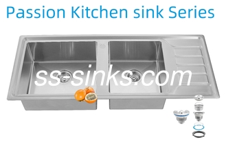 12050 Handmade Kitchen Stainless Steel Doubel Bowl Sink With Drainboard