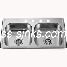 33'X19' 4 Holes Brushed Stainless Steel Double Bowl Sink Topmount