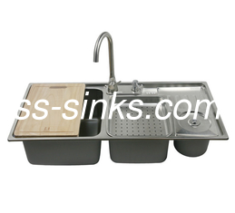 0.9mm Drop In Stainless Steel Double Bowl Sink With Knife Shelf Rubbish Bin