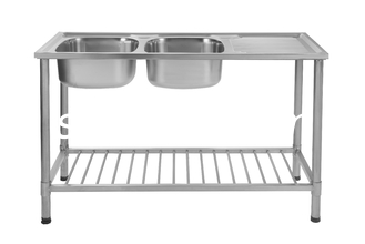 Min Cabinet Width 500mm Double Bowl SS Sink With Stand 720*450*220mm