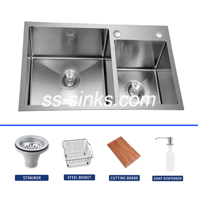 Satin Finish Handmade Kitchen Sink Double Bowl Heat Resistant For Commercial