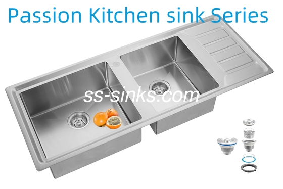 12050 Handmade Kitchen Stainless Steel Doubel Bowl Sink With Drainboard