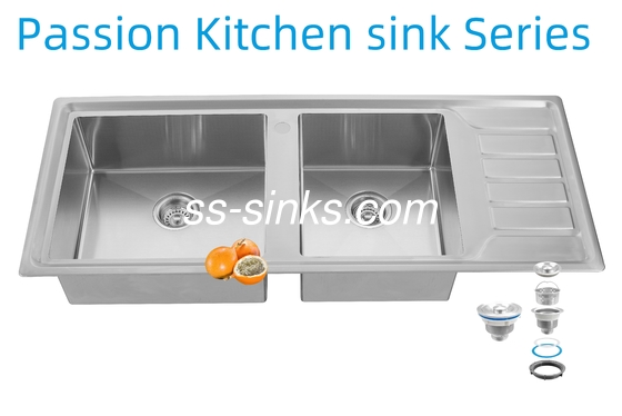 12050 Handmade Kitchen Stainless Steel Doubel Bowl Sink With Drainboard