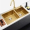 Double Basin Satin Finish Matte Gold Kitchen Sink Depth 220mm